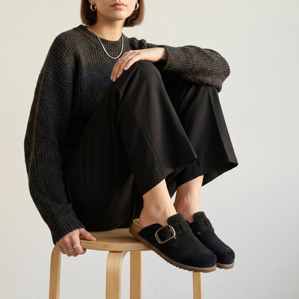 image:imageCUSHIONAIRE Womens Blain Genuine Suede SlipOn Clogs with Memory Foam amp Chic Buckle Mule Comfortable NonSlip Wide Widths AvailableBlack Suede