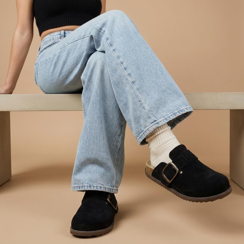 image:imageCUSHIONAIRE Womens Blain Genuine Suede SlipOn Clogs with Memory Foam amp Chic Buckle Mule Comfortable NonSlip Wide Widths AvailableBlack Suede