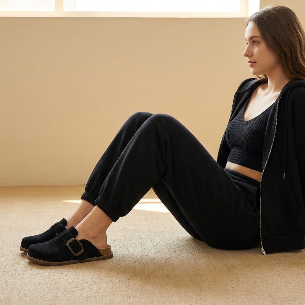 image:imageCUSHIONAIRE Womens Blain Genuine Suede SlipOn Clogs with Memory Foam amp Chic Buckle Mule Comfortable NonSlip Wide Widths AvailableBlack Suede