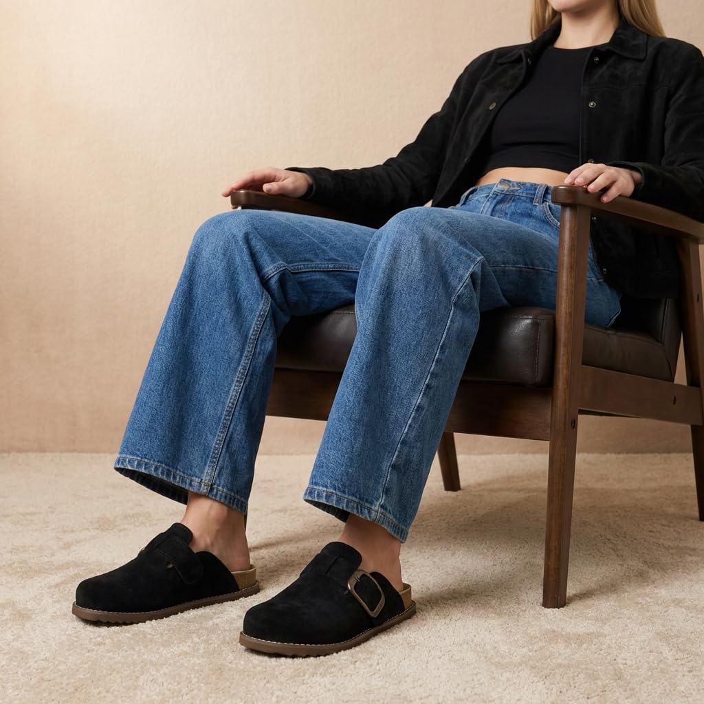 image:imageCUSHIONAIRE Womens Blain Genuine Suede SlipOn Clogs with Memory Foam amp Chic Buckle Mule Comfortable NonSlip Wide Widths AvailableBlack Suede