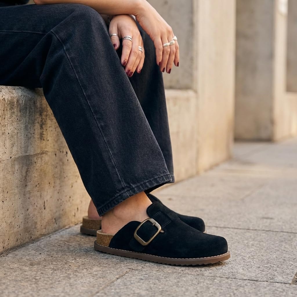 image:imageCUSHIONAIRE Womens Blain Genuine Suede SlipOn Clogs with Memory Foam amp Chic Buckle Mule Comfortable NonSlip Wide Widths AvailableBlack Suede