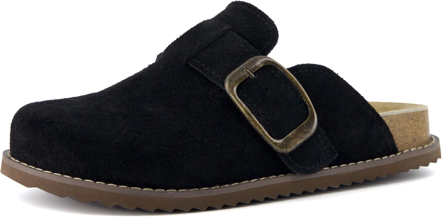image:imageCUSHIONAIRE Womens Blain Genuine Suede SlipOn Clogs with Memory Foam amp Chic Buckle Mule Comfortable NonSlip Wide Widths AvailableBlack Suede