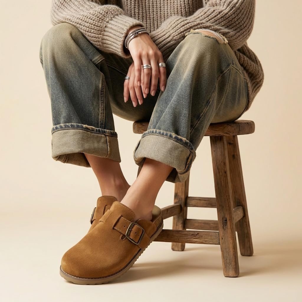 image:imageCUSHIONAIRE Womens Blain Genuine Suede SlipOn Clogs with Memory Foam amp Chic Buckle Mule Comfortable NonSlip Wide Widths AvailableChestnut Suede