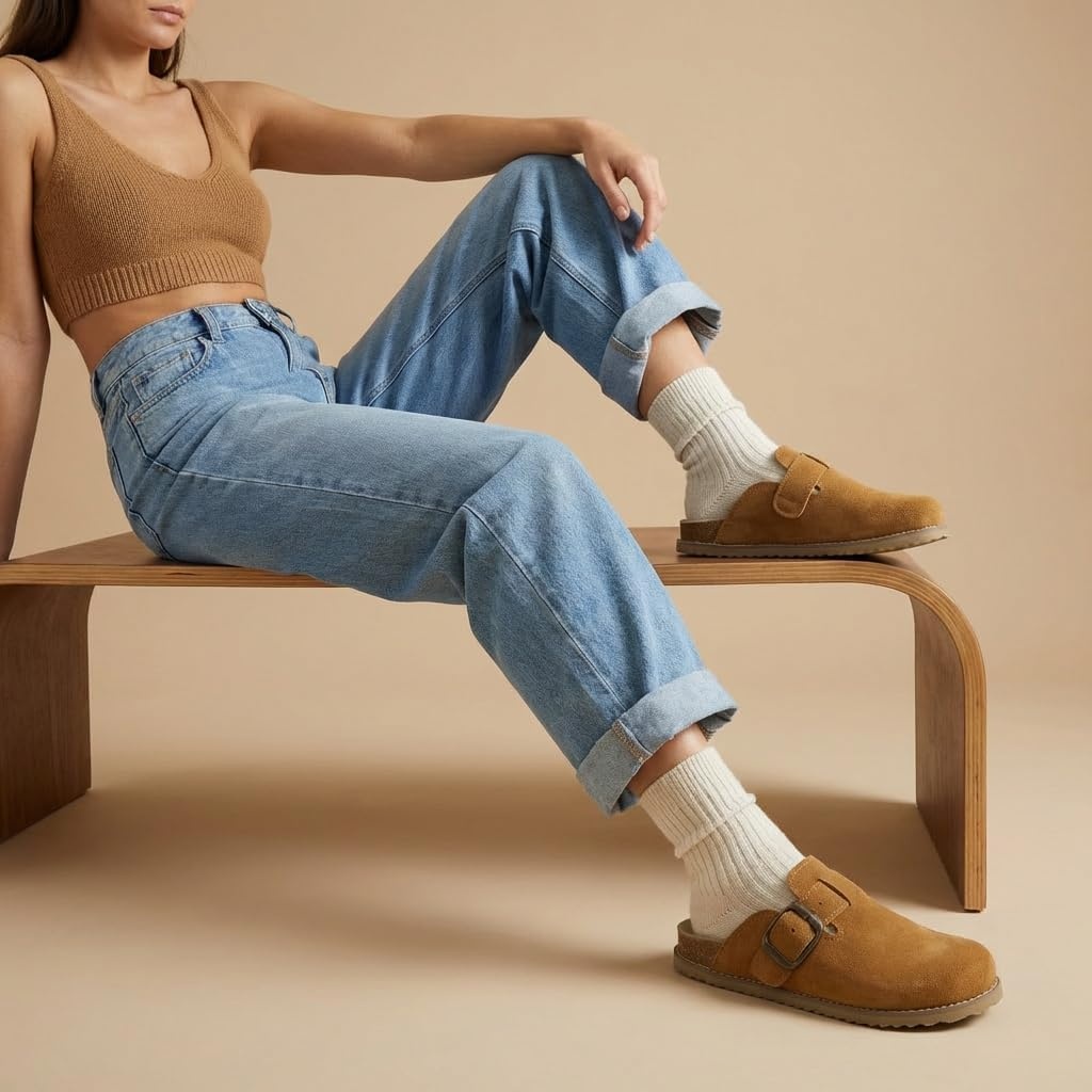 image:imageCUSHIONAIRE Womens Blain Genuine Suede SlipOn Clogs with Memory Foam amp Chic Buckle Mule Comfortable NonSlip Wide Widths AvailableChestnut Suede