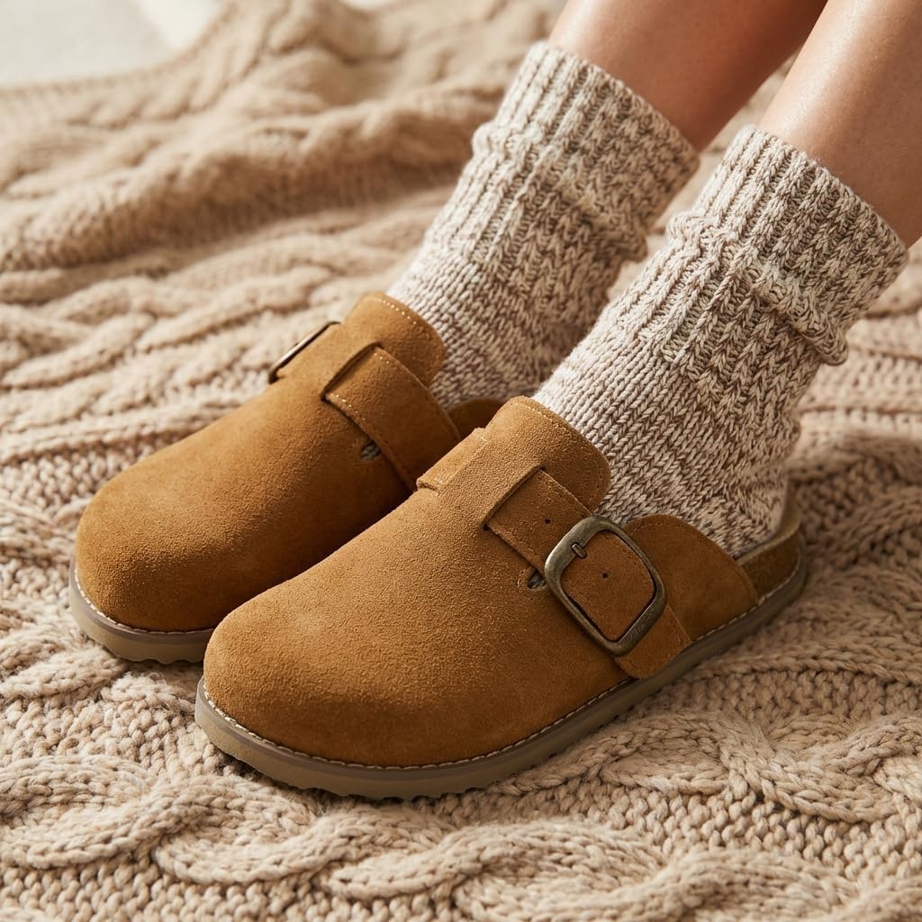 image:imageCUSHIONAIRE Womens Blain Genuine Suede SlipOn Clogs with Memory Foam amp Chic Buckle Mule Comfortable NonSlip Wide Widths AvailableChestnut Suede