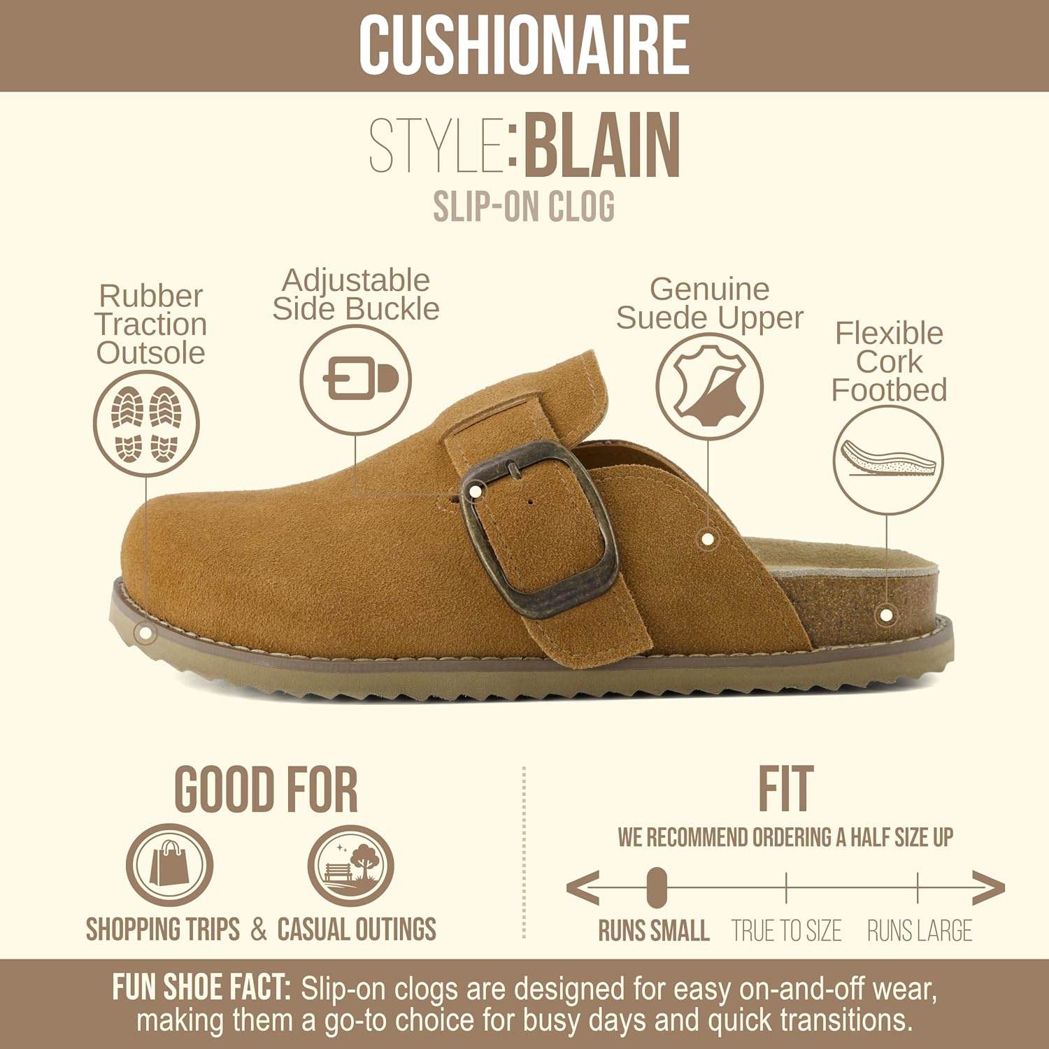 image:imageCUSHIONAIRE Womens Blain Genuine Suede SlipOn Clogs with Memory Foam amp Chic Buckle Mule Comfortable NonSlip Wide Widths AvailableChestnut Suede