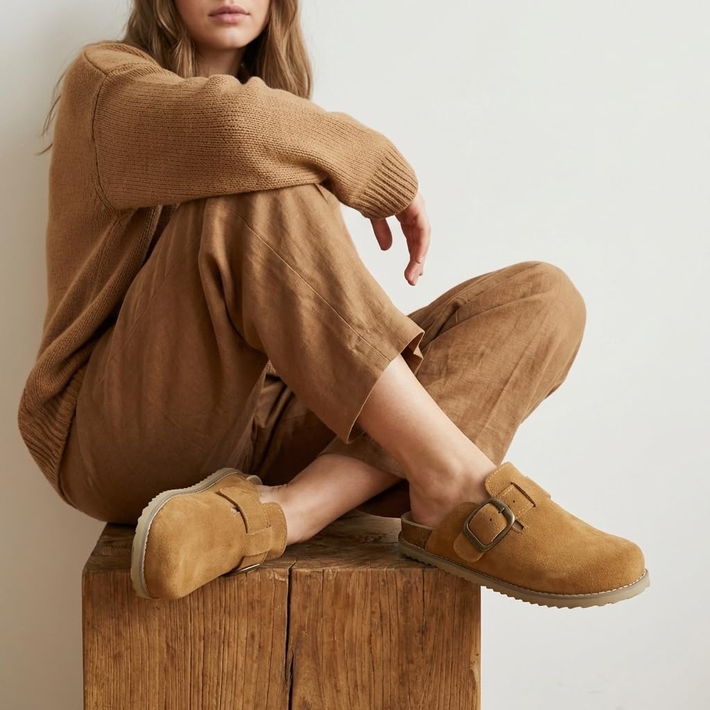 image:imageCUSHIONAIRE Womens Blain Genuine Suede SlipOn Clogs with Memory Foam amp Chic Buckle Mule Comfortable NonSlip Wide Widths AvailableChestnut Suede
