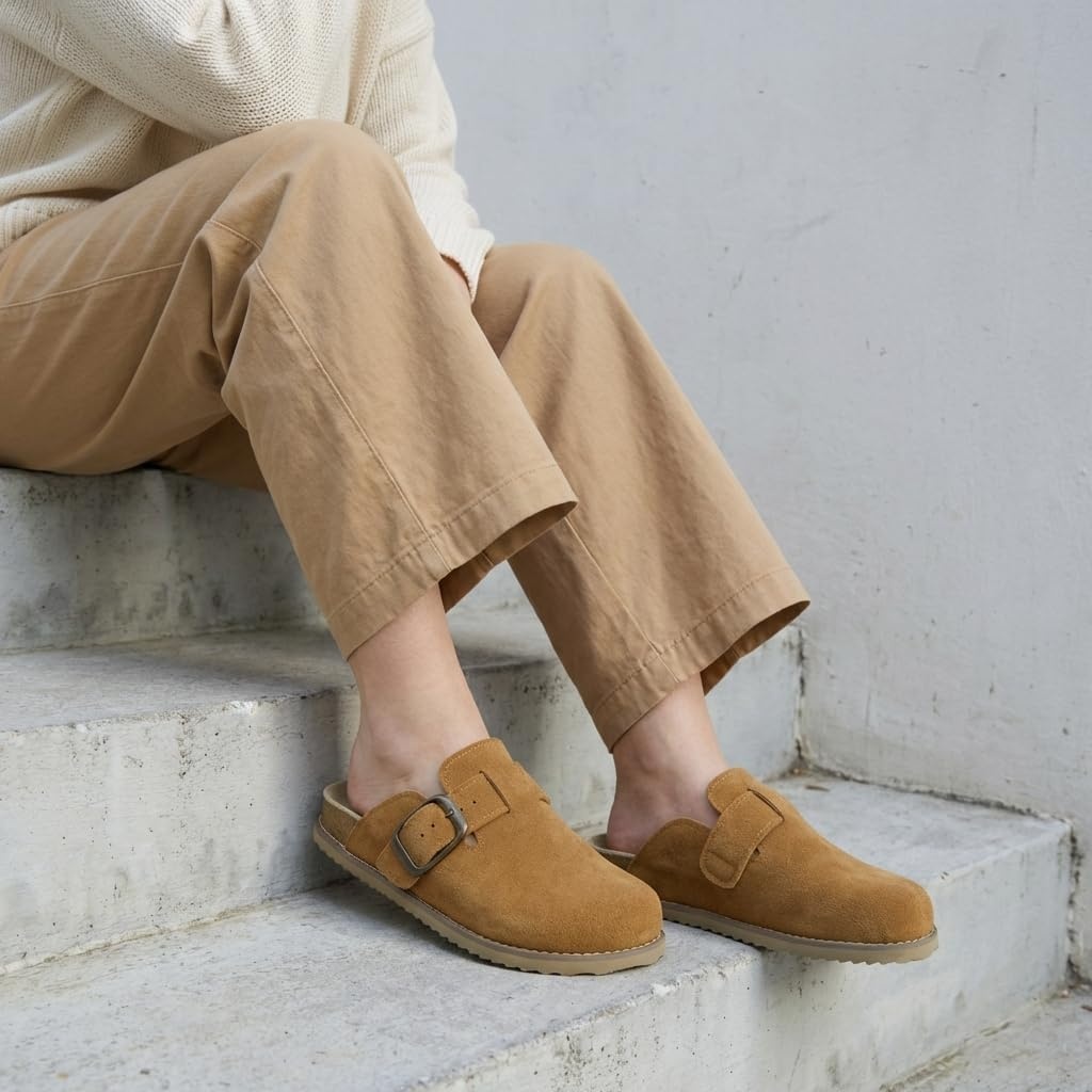 image:imageCUSHIONAIRE Womens Blain Genuine Suede SlipOn Clogs with Memory Foam amp Chic Buckle Mule Comfortable NonSlip Wide Widths AvailableChestnut Suede