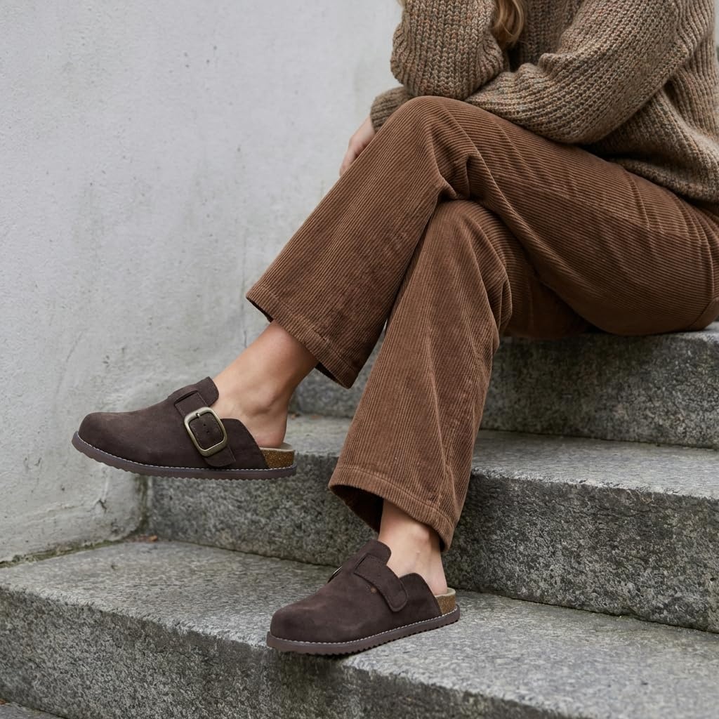 image:imageCUSHIONAIRE Womens Blain Genuine Suede SlipOn Clogs with Memory Foam amp Chic Buckle Mule Comfortable NonSlip Wide Widths AvailableChocolate