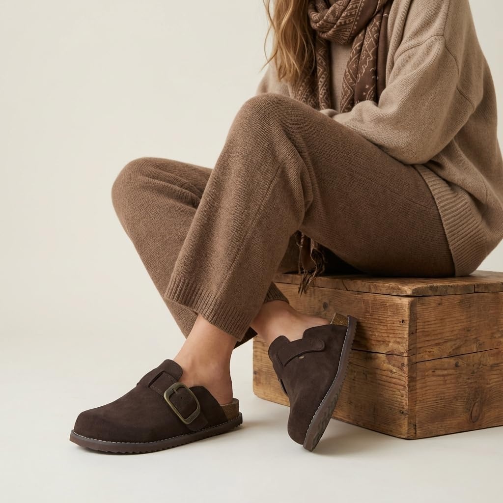 image:imageCUSHIONAIRE Womens Blain Genuine Suede SlipOn Clogs with Memory Foam amp Chic Buckle Mule Comfortable NonSlip Wide Widths AvailableChocolate