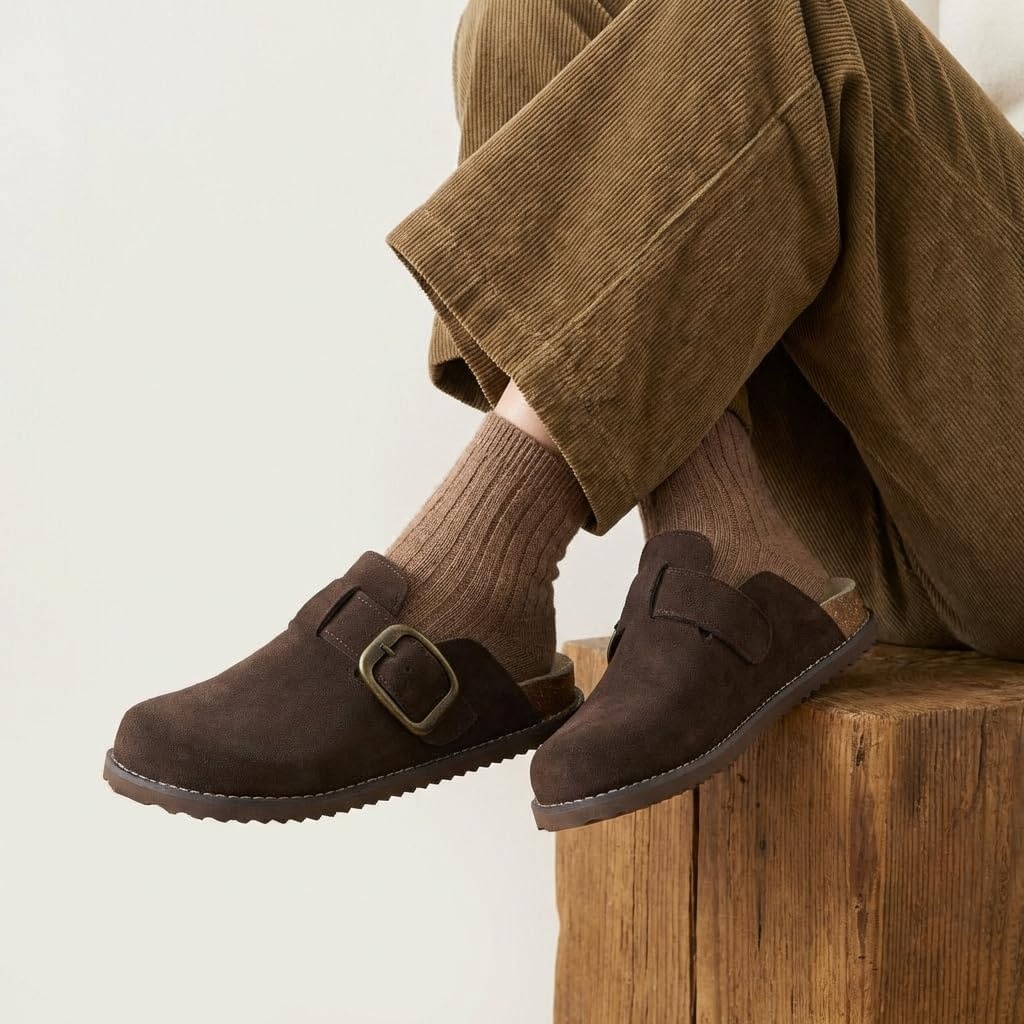image:imageCUSHIONAIRE Womens Blain Genuine Suede SlipOn Clogs with Memory Foam amp Chic Buckle Mule Comfortable NonSlip Wide Widths AvailableChocolate