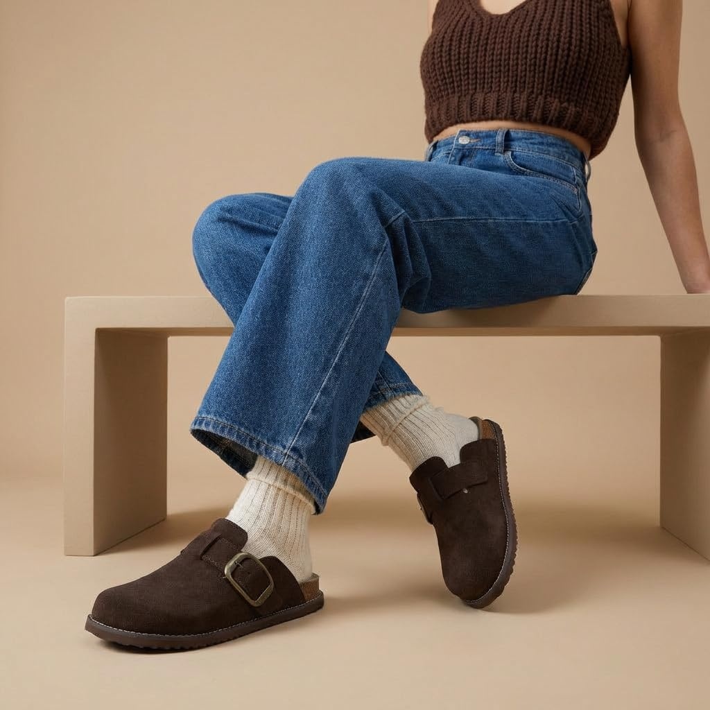 image:imageCUSHIONAIRE Womens Blain Genuine Suede SlipOn Clogs with Memory Foam amp Chic Buckle Mule Comfortable NonSlip Wide Widths AvailableChocolate