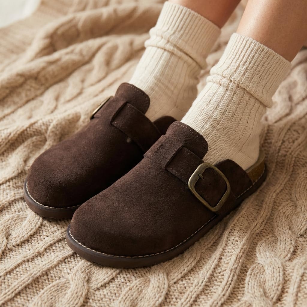 image:imageCUSHIONAIRE Womens Blain Genuine Suede SlipOn Clogs with Memory Foam amp Chic Buckle Mule Comfortable NonSlip Wide Widths AvailableChocolate