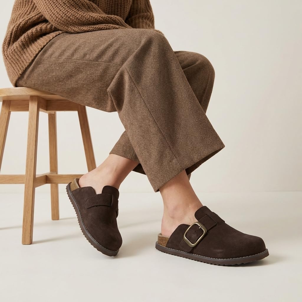 image:imageCUSHIONAIRE Womens Blain Genuine Suede SlipOn Clogs with Memory Foam amp Chic Buckle Mule Comfortable NonSlip Wide Widths AvailableChocolate
