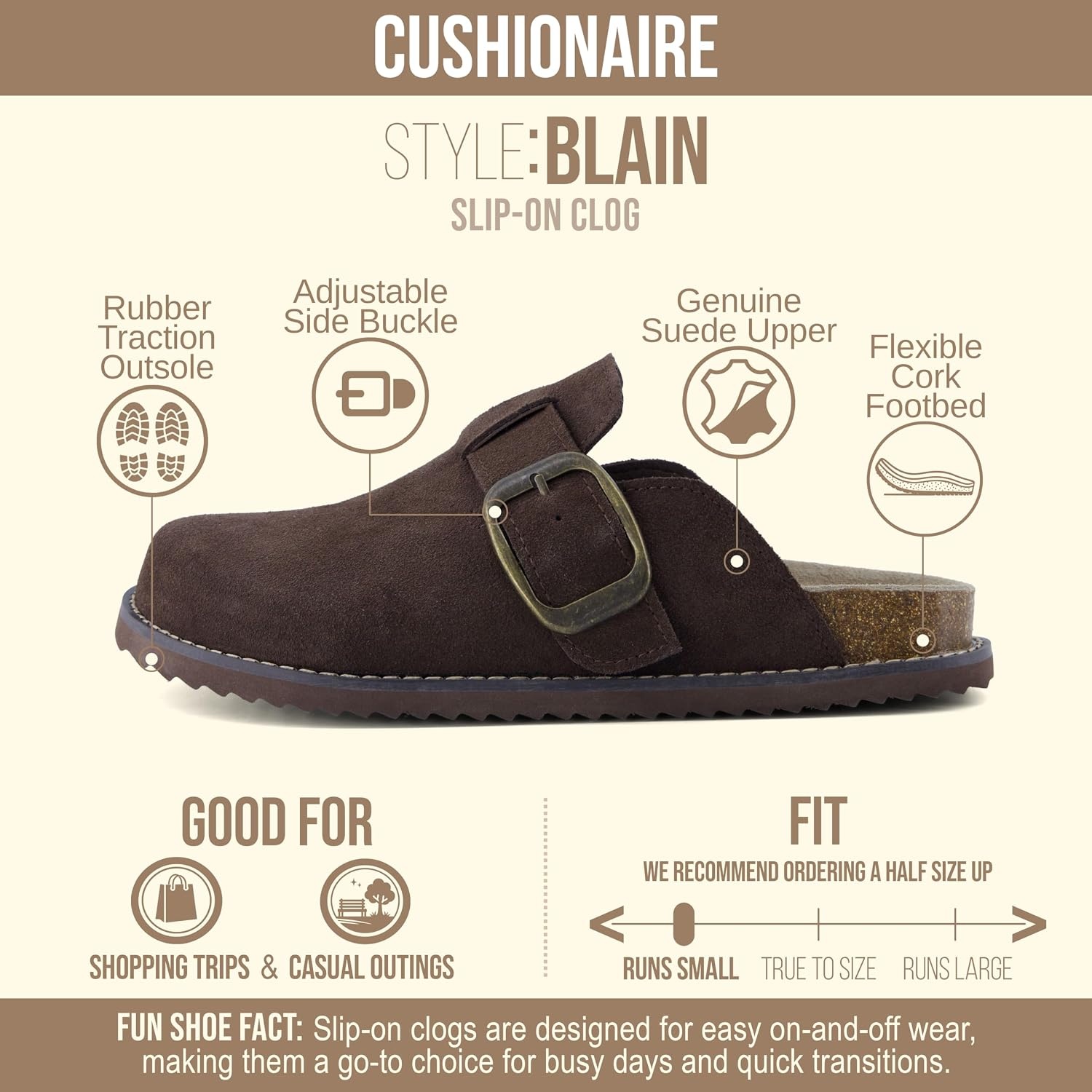 image:imageCUSHIONAIRE Womens Blain Genuine Suede SlipOn Clogs with Memory Foam amp Chic Buckle Mule Comfortable NonSlip Wide Widths AvailableChocolate