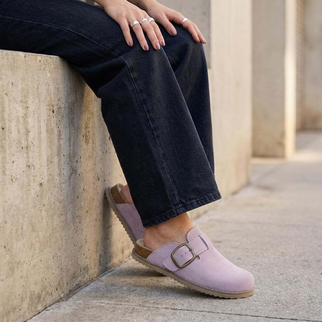 image:imageCUSHIONAIRE Womens Blain Genuine Suede SlipOn Clogs with Memory Foam amp Chic Buckle Mule Comfortable NonSlip Wide Widths AvailableLavender