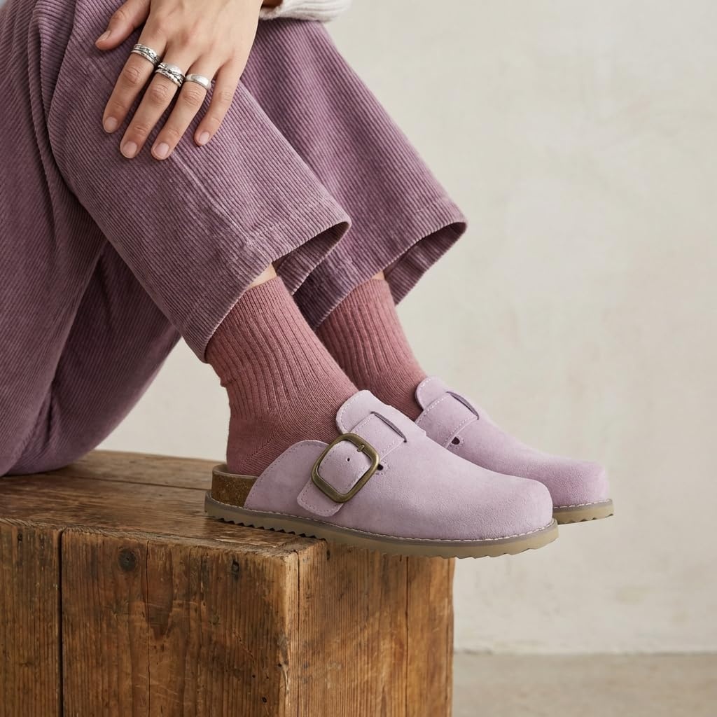 image:imageCUSHIONAIRE Womens Blain Genuine Suede SlipOn Clogs with Memory Foam amp Chic Buckle Mule Comfortable NonSlip Wide Widths AvailableLavender