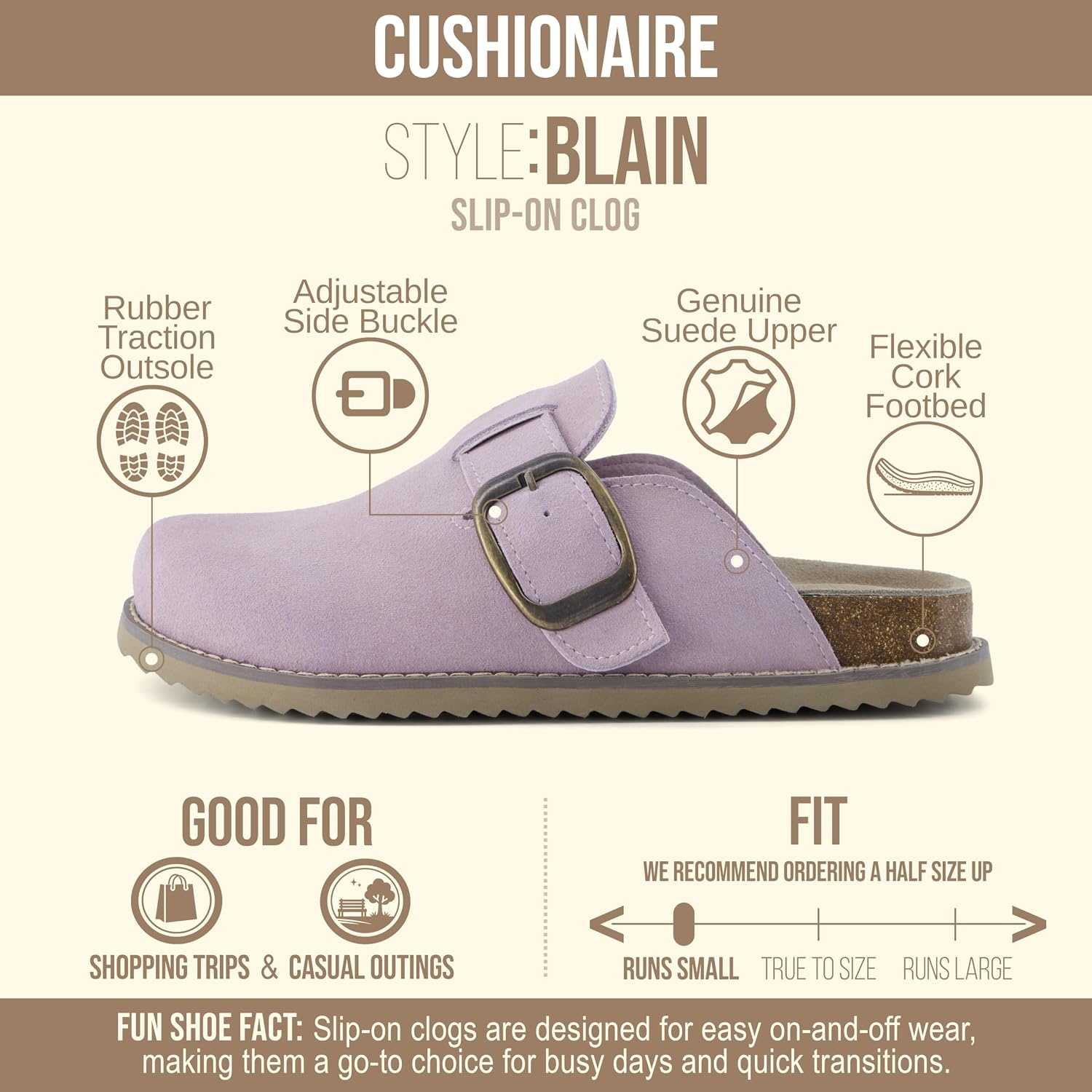image:imageCUSHIONAIRE Womens Blain Genuine Suede SlipOn Clogs with Memory Foam amp Chic Buckle Mule Comfortable NonSlip Wide Widths AvailableLavender