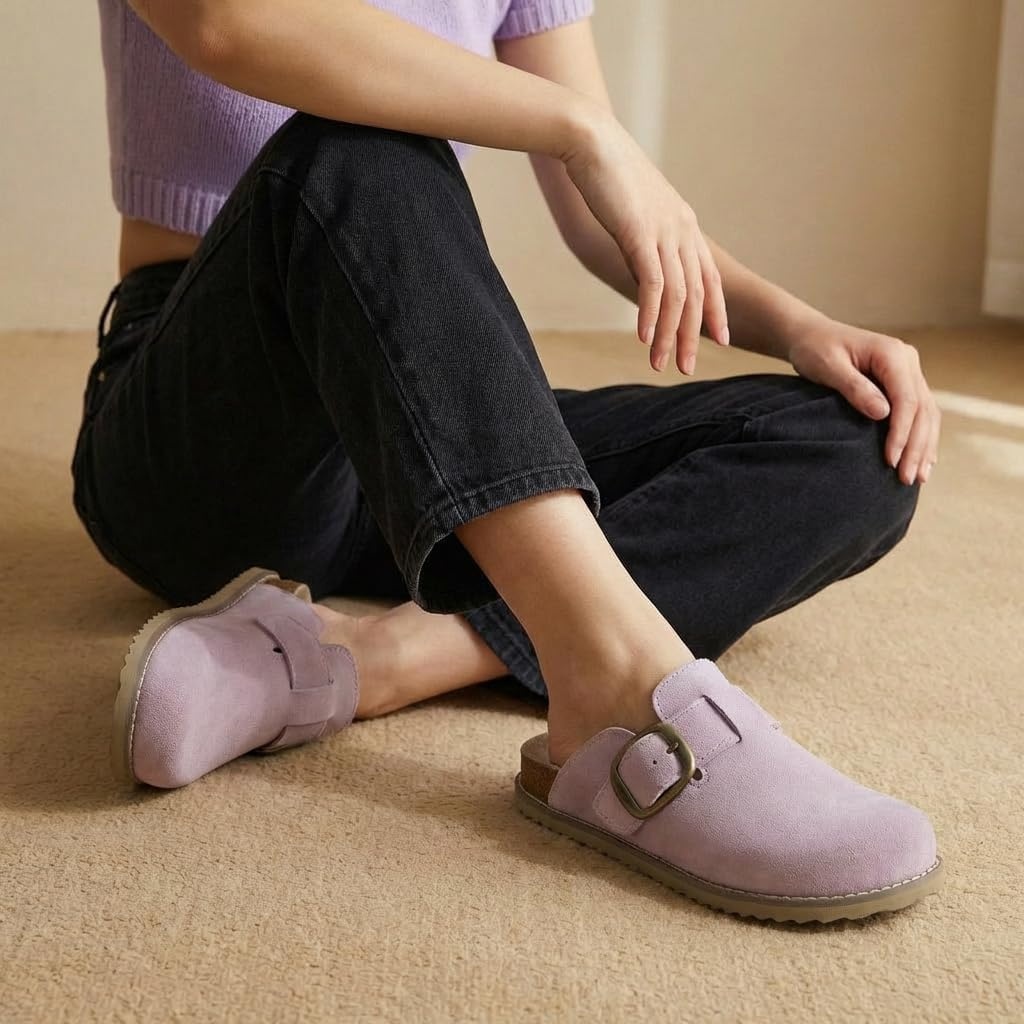 image:imageCUSHIONAIRE Womens Blain Genuine Suede SlipOn Clogs with Memory Foam amp Chic Buckle Mule Comfortable NonSlip Wide Widths AvailableLavender