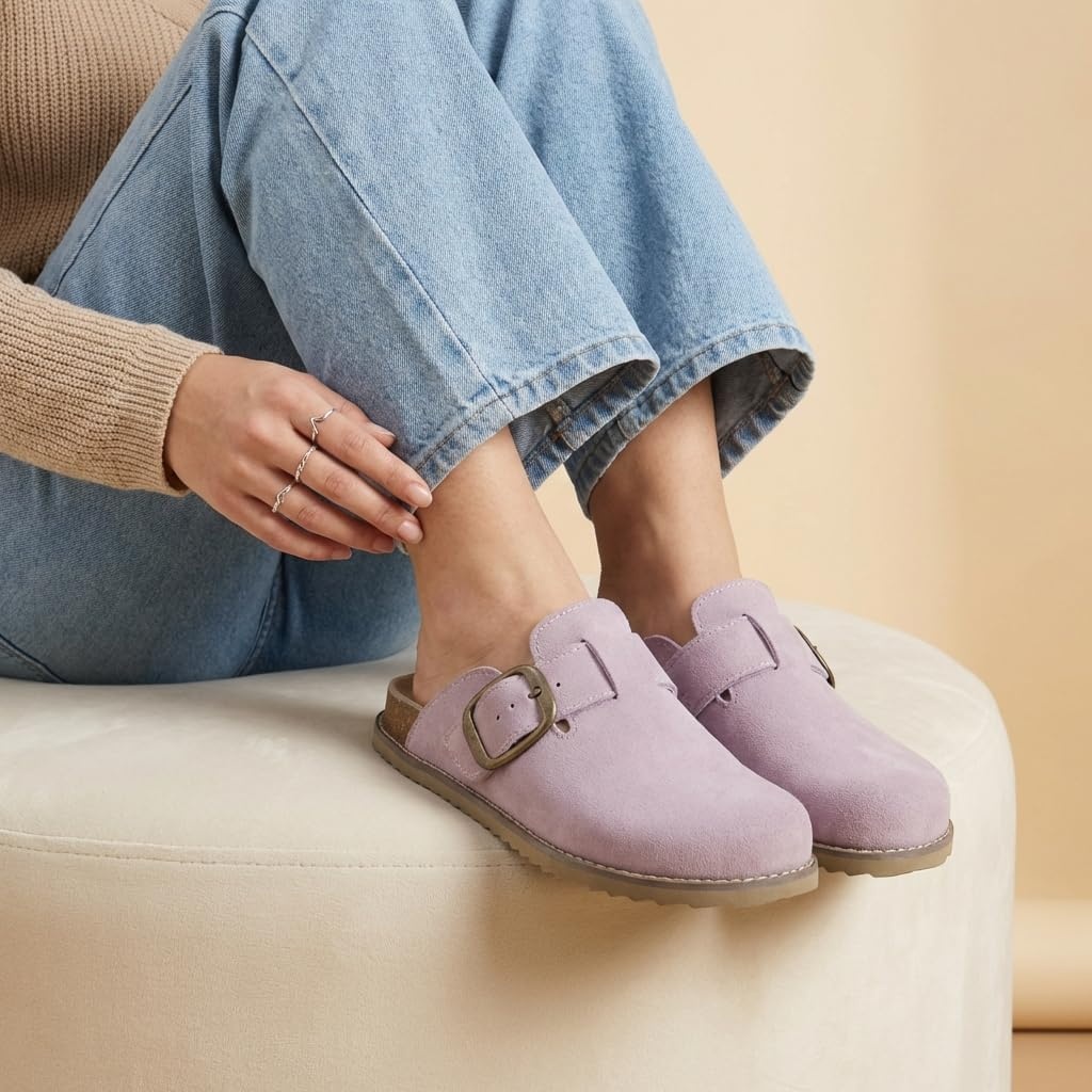 image:imageCUSHIONAIRE Womens Blain Genuine Suede SlipOn Clogs with Memory Foam amp Chic Buckle Mule Comfortable NonSlip Wide Widths AvailableLavender