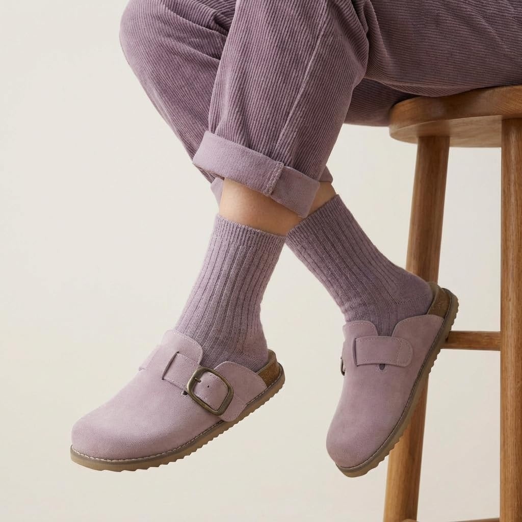 image:imageCUSHIONAIRE Womens Blain Genuine Suede SlipOn Clogs with Memory Foam amp Chic Buckle Mule Comfortable NonSlip Wide Widths AvailableLavender