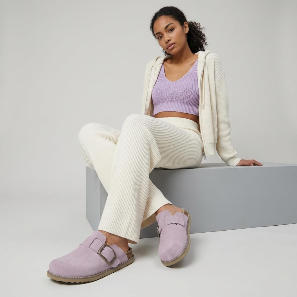 image:imageCUSHIONAIRE Womens Blain Genuine Suede SlipOn Clogs with Memory Foam amp Chic Buckle Mule Comfortable NonSlip Wide Widths AvailableLavender