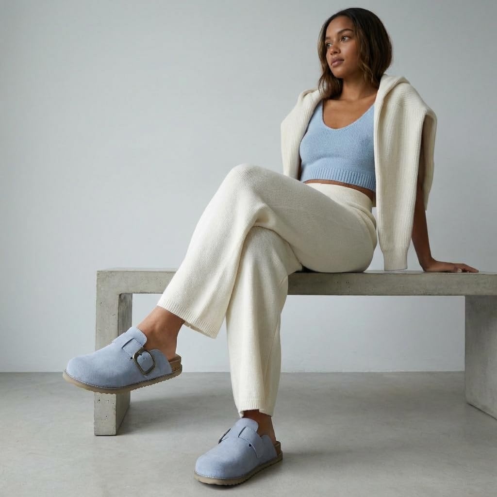 image:imageCUSHIONAIRE Womens Blain Genuine Suede SlipOn Clogs with Memory Foam amp Chic Buckle Mule Comfortable NonSlip Wide Widths AvailableLight Blue