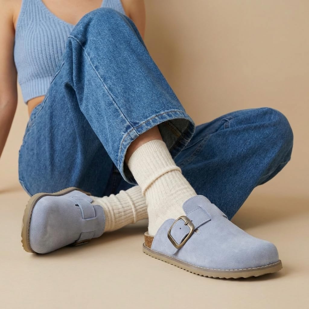 image:imageCUSHIONAIRE Womens Blain Genuine Suede SlipOn Clogs with Memory Foam amp Chic Buckle Mule Comfortable NonSlip Wide Widths AvailableLight Blue