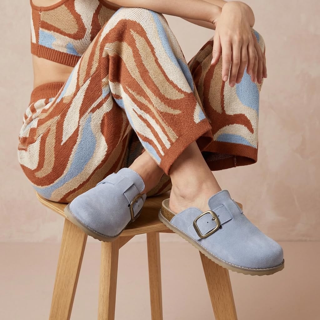 image:imageCUSHIONAIRE Womens Blain Genuine Suede SlipOn Clogs with Memory Foam amp Chic Buckle Mule Comfortable NonSlip Wide Widths AvailableLight Blue