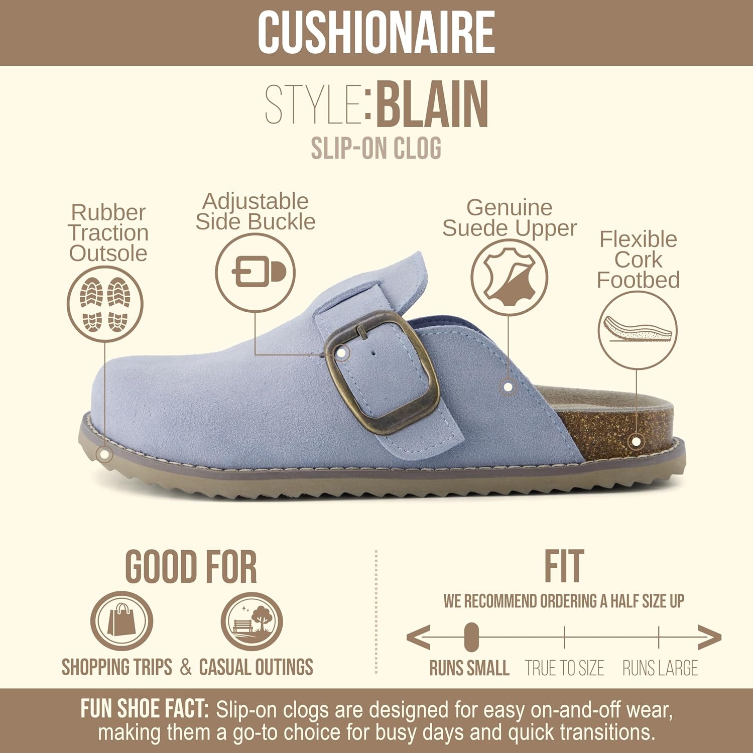 image:imageCUSHIONAIRE Womens Blain Genuine Suede SlipOn Clogs with Memory Foam amp Chic Buckle Mule Comfortable NonSlip Wide Widths AvailableLight Blue
