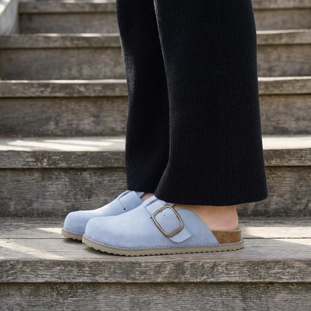 image:imageCUSHIONAIRE Womens Blain Genuine Suede SlipOn Clogs with Memory Foam amp Chic Buckle Mule Comfortable NonSlip Wide Widths AvailableLight Blue