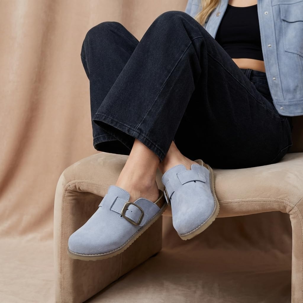 image:imageCUSHIONAIRE Womens Blain Genuine Suede SlipOn Clogs with Memory Foam amp Chic Buckle Mule Comfortable NonSlip Wide Widths AvailableLight Blue