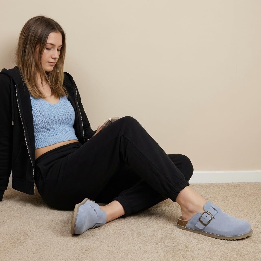 image:imageCUSHIONAIRE Womens Blain Genuine Suede SlipOn Clogs with Memory Foam amp Chic Buckle Mule Comfortable NonSlip Wide Widths AvailableLight Blue