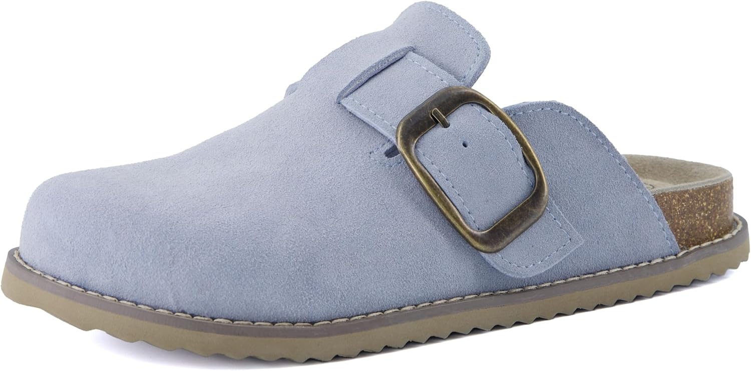 image:imageCUSHIONAIRE Womens Blain Genuine Suede SlipOn Clogs with Memory Foam amp Chic Buckle Mule Comfortable NonSlip Wide Widths AvailableLight Blue