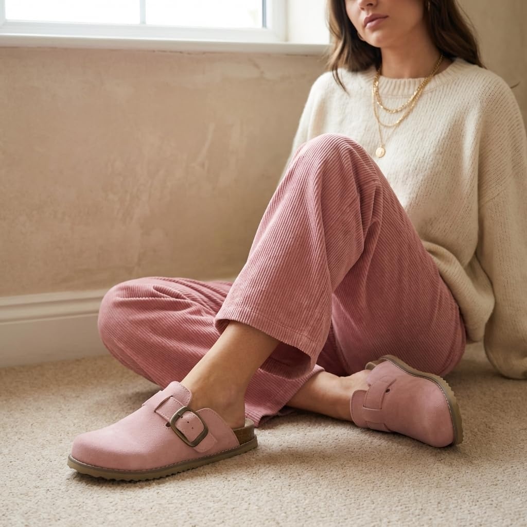image:imageCUSHIONAIRE Womens Blain Genuine Suede SlipOn Clogs with Memory Foam amp Chic Buckle Mule Comfortable NonSlip Wide Widths AvailableLight Pink