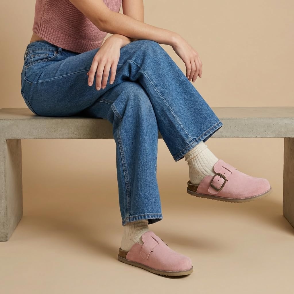 image:imageCUSHIONAIRE Womens Blain Genuine Suede SlipOn Clogs with Memory Foam amp Chic Buckle Mule Comfortable NonSlip Wide Widths AvailableLight Pink
