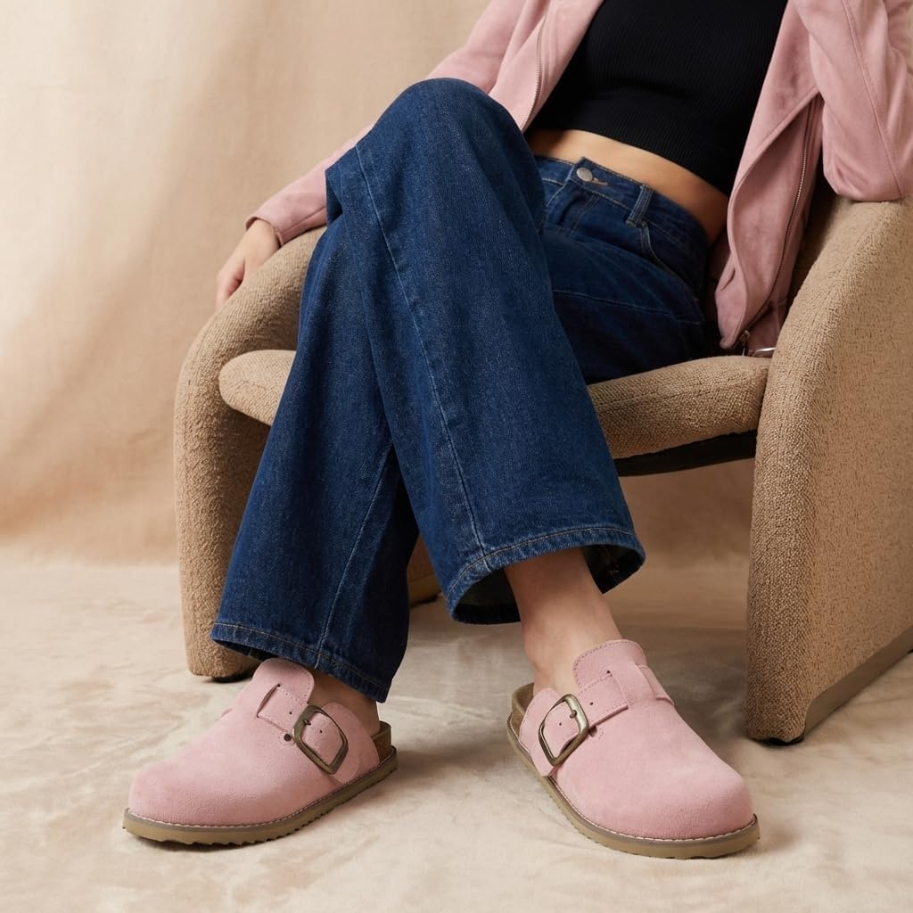 image:imageCUSHIONAIRE Womens Blain Genuine Suede SlipOn Clogs with Memory Foam amp Chic Buckle Mule Comfortable NonSlip Wide Widths AvailableLight Pink