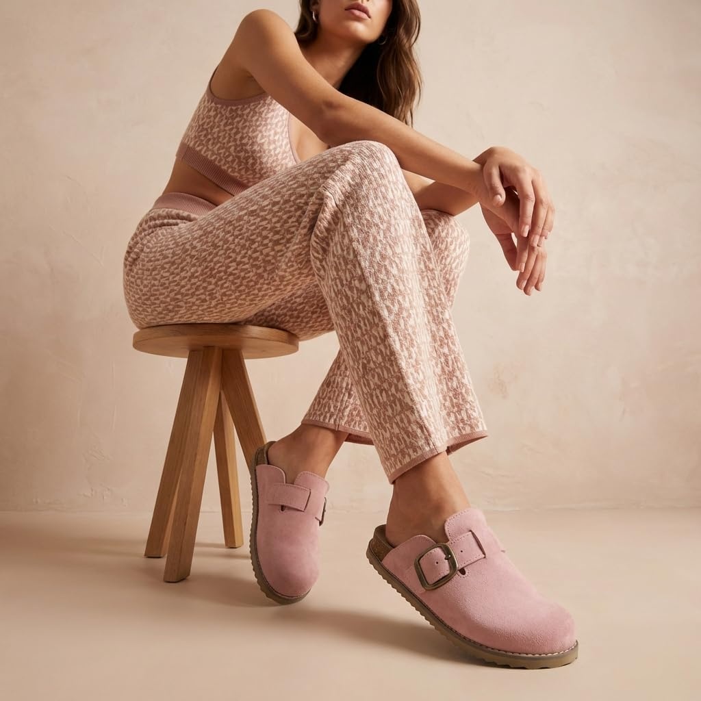 image:imageCUSHIONAIRE Womens Blain Genuine Suede SlipOn Clogs with Memory Foam amp Chic Buckle Mule Comfortable NonSlip Wide Widths AvailableLight Pink