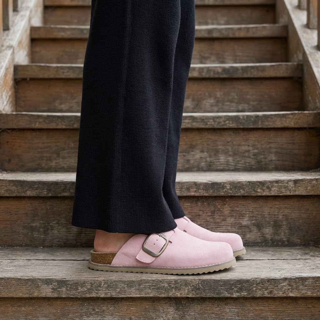 image:imageCUSHIONAIRE Womens Blain Genuine Suede SlipOn Clogs with Memory Foam amp Chic Buckle Mule Comfortable NonSlip Wide Widths AvailableLight Pink