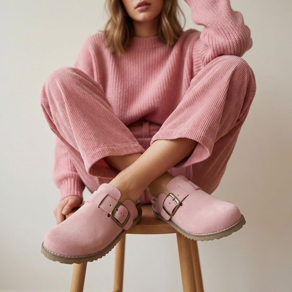 image:imageCUSHIONAIRE Womens Blain Genuine Suede SlipOn Clogs with Memory Foam amp Chic Buckle Mule Comfortable NonSlip Wide Widths AvailableLight Pink