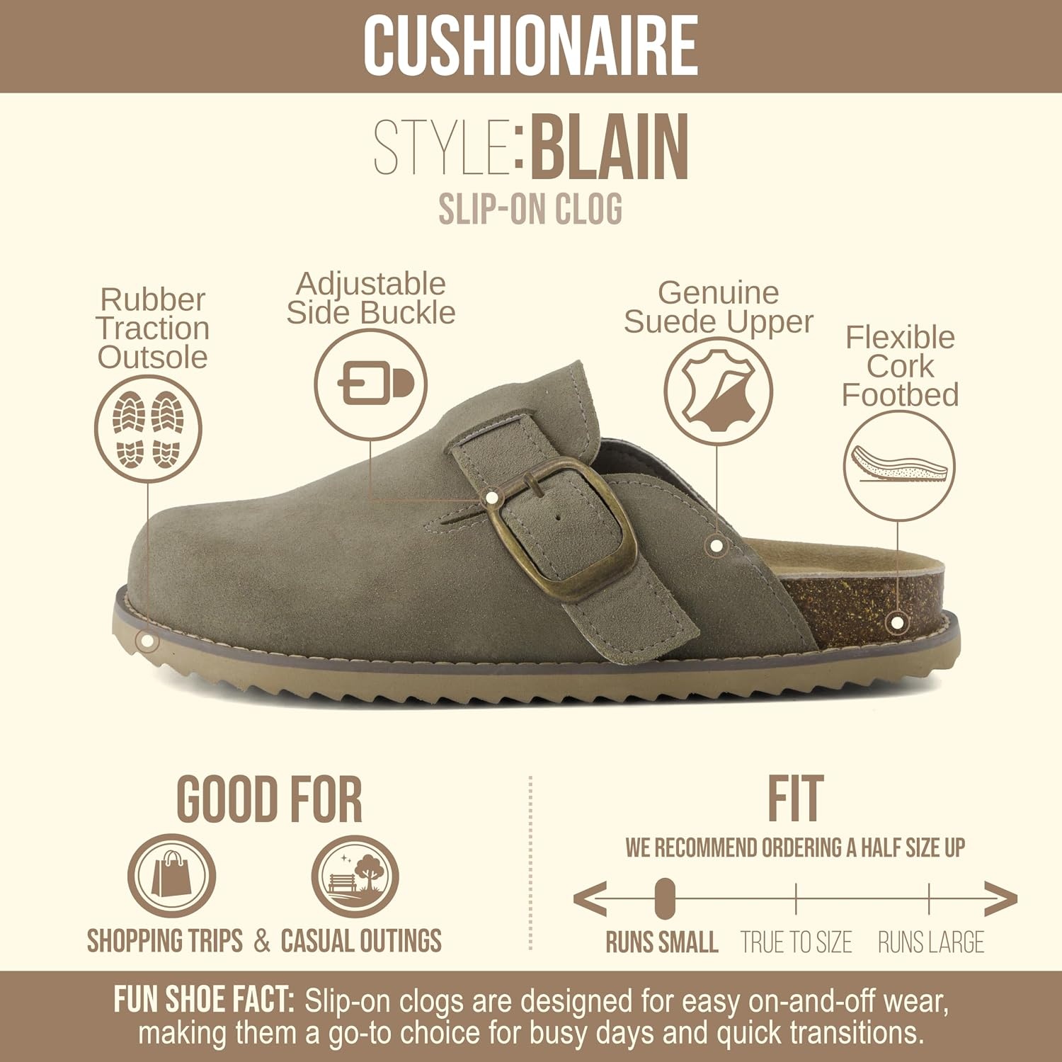 image:imageCUSHIONAIRE Womens Blain Genuine Suede SlipOn Clogs with Memory Foam amp Chic Buckle Mule Comfortable NonSlip Wide Widths AvailableMoss