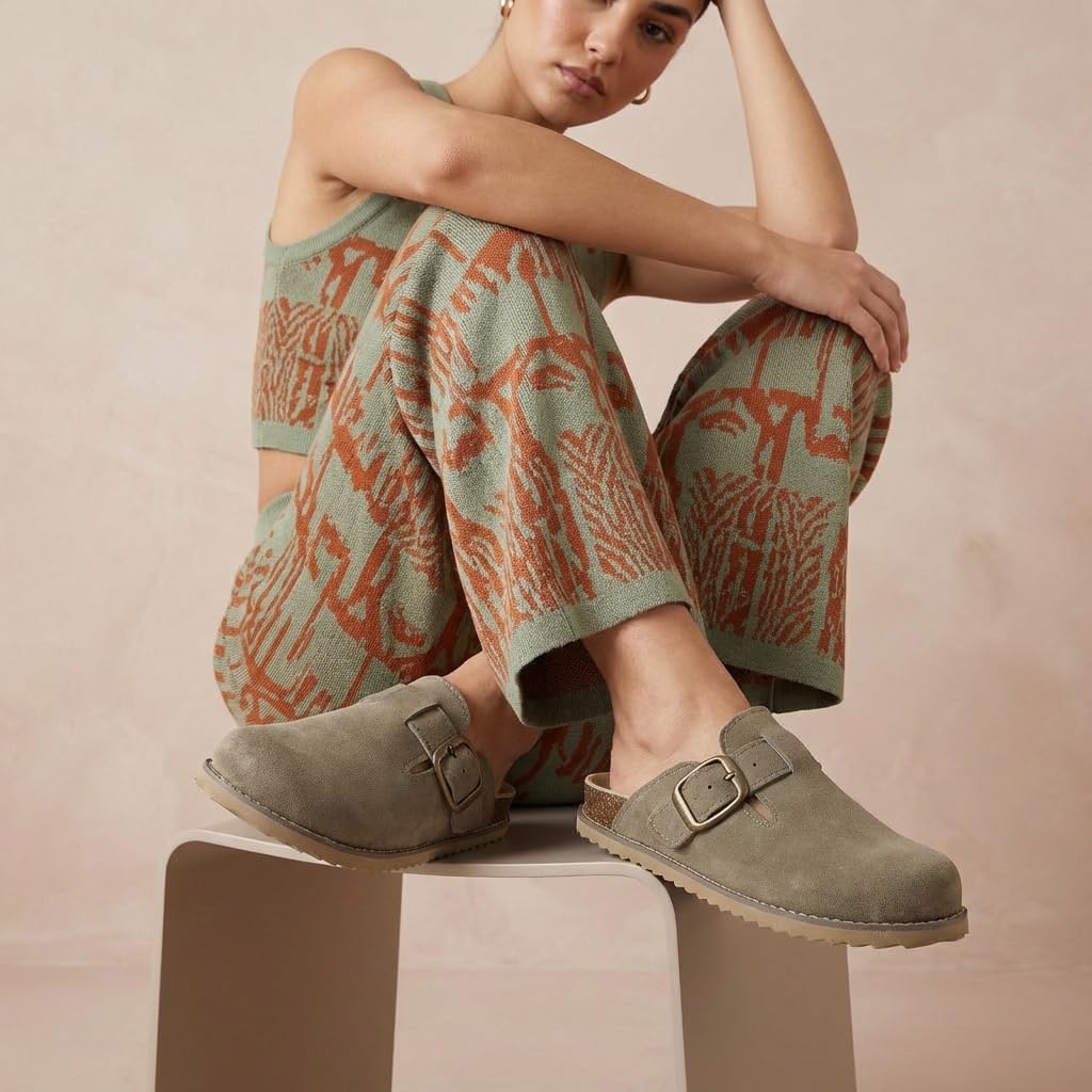 image:imageCUSHIONAIRE Womens Blain Genuine Suede SlipOn Clogs with Memory Foam amp Chic Buckle Mule Comfortable NonSlip Wide Widths AvailableMoss