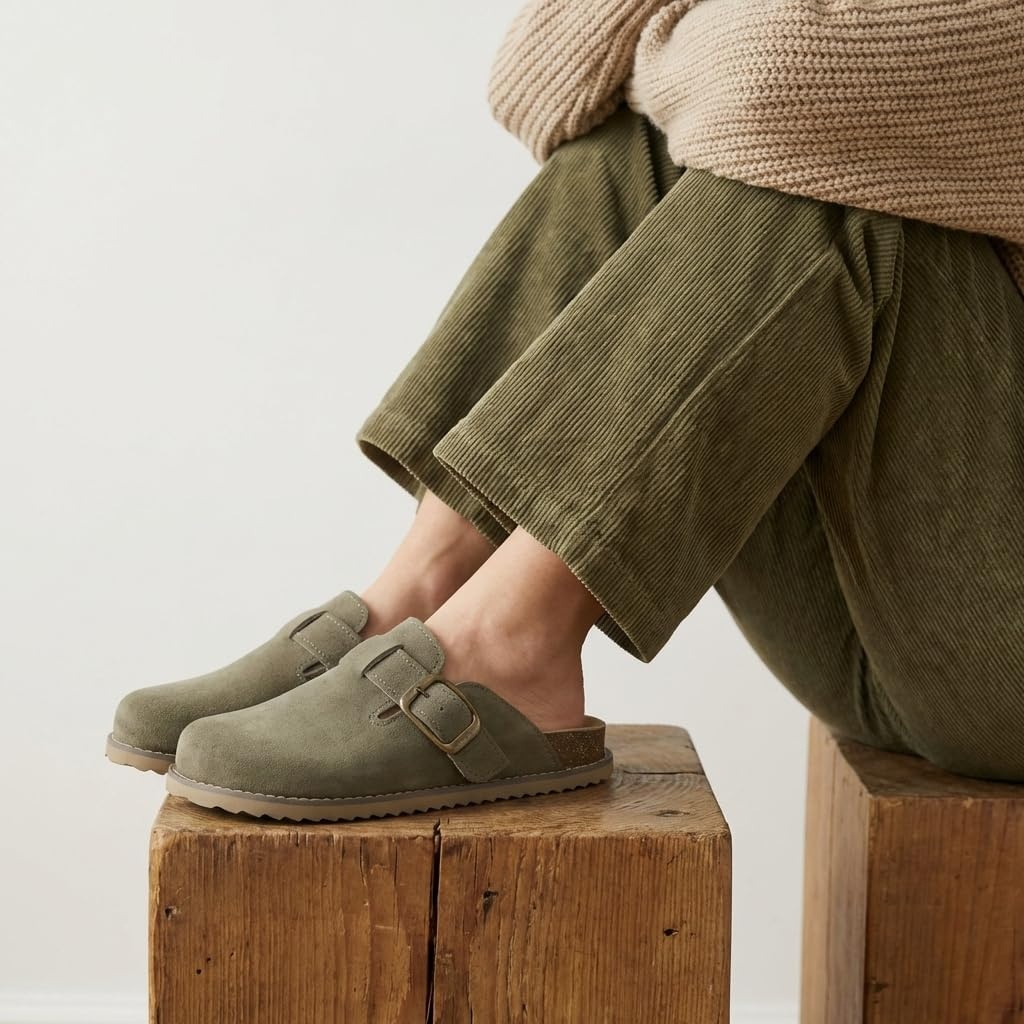 image:imageCUSHIONAIRE Womens Blain Genuine Suede SlipOn Clogs with Memory Foam amp Chic Buckle Mule Comfortable NonSlip Wide Widths AvailableMoss