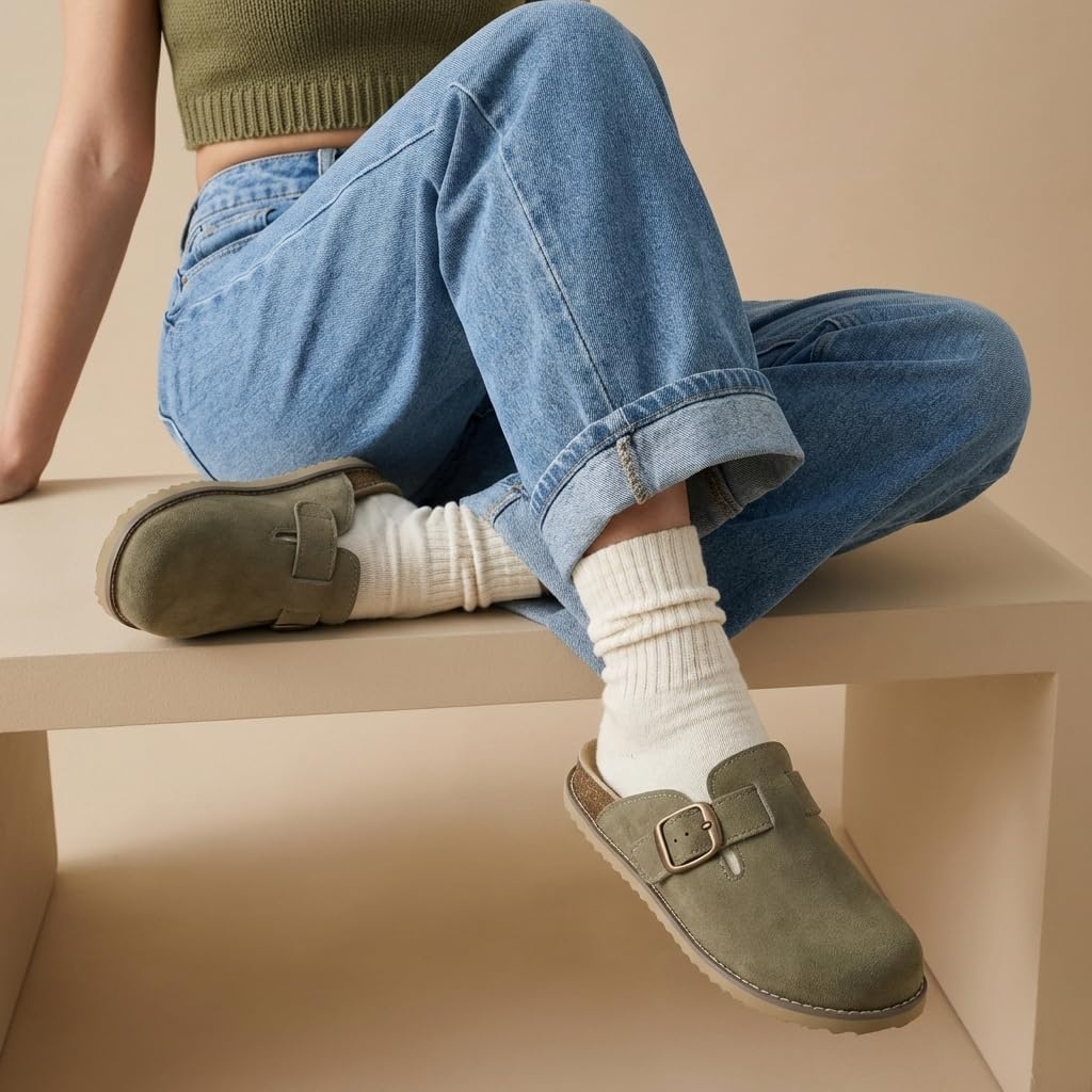 image:imageCUSHIONAIRE Womens Blain Genuine Suede SlipOn Clogs with Memory Foam amp Chic Buckle Mule Comfortable NonSlip Wide Widths AvailableMoss