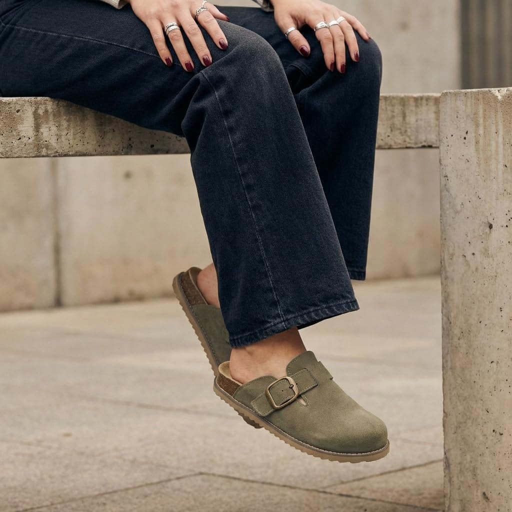 image:imageCUSHIONAIRE Womens Blain Genuine Suede SlipOn Clogs with Memory Foam amp Chic Buckle Mule Comfortable NonSlip Wide Widths AvailableMoss
