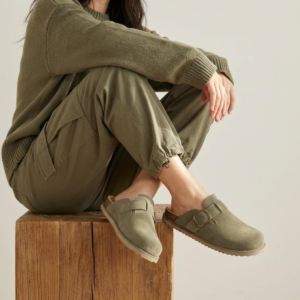 image:imageCUSHIONAIRE Womens Blain Genuine Suede SlipOn Clogs with Memory Foam amp Chic Buckle Mule Comfortable NonSlip Wide Widths AvailableMoss