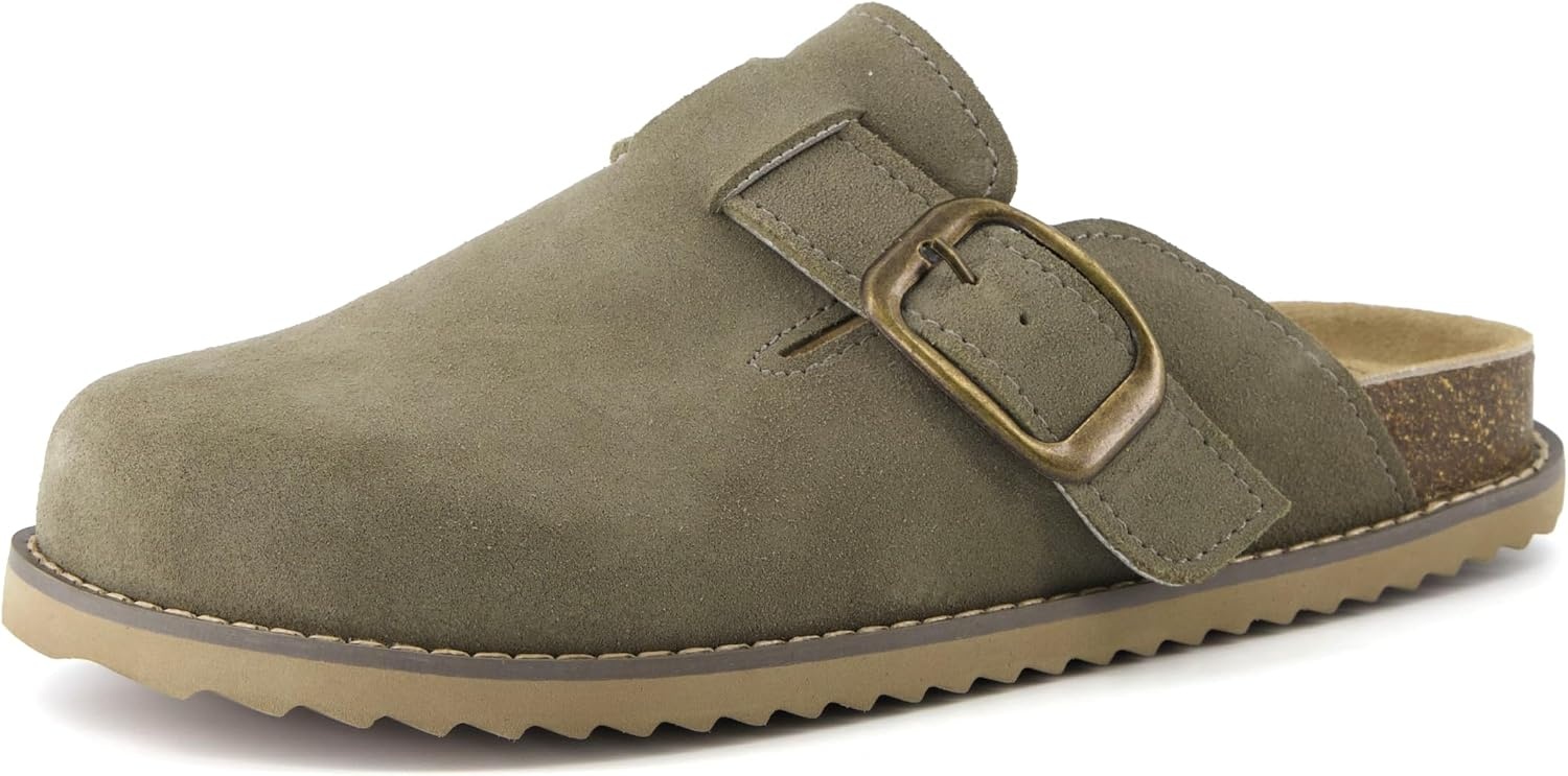 image:imageCUSHIONAIRE Womens Blain Genuine Suede SlipOn Clogs with Memory Foam amp Chic Buckle Mule Comfortable NonSlip Wide Widths AvailableMoss