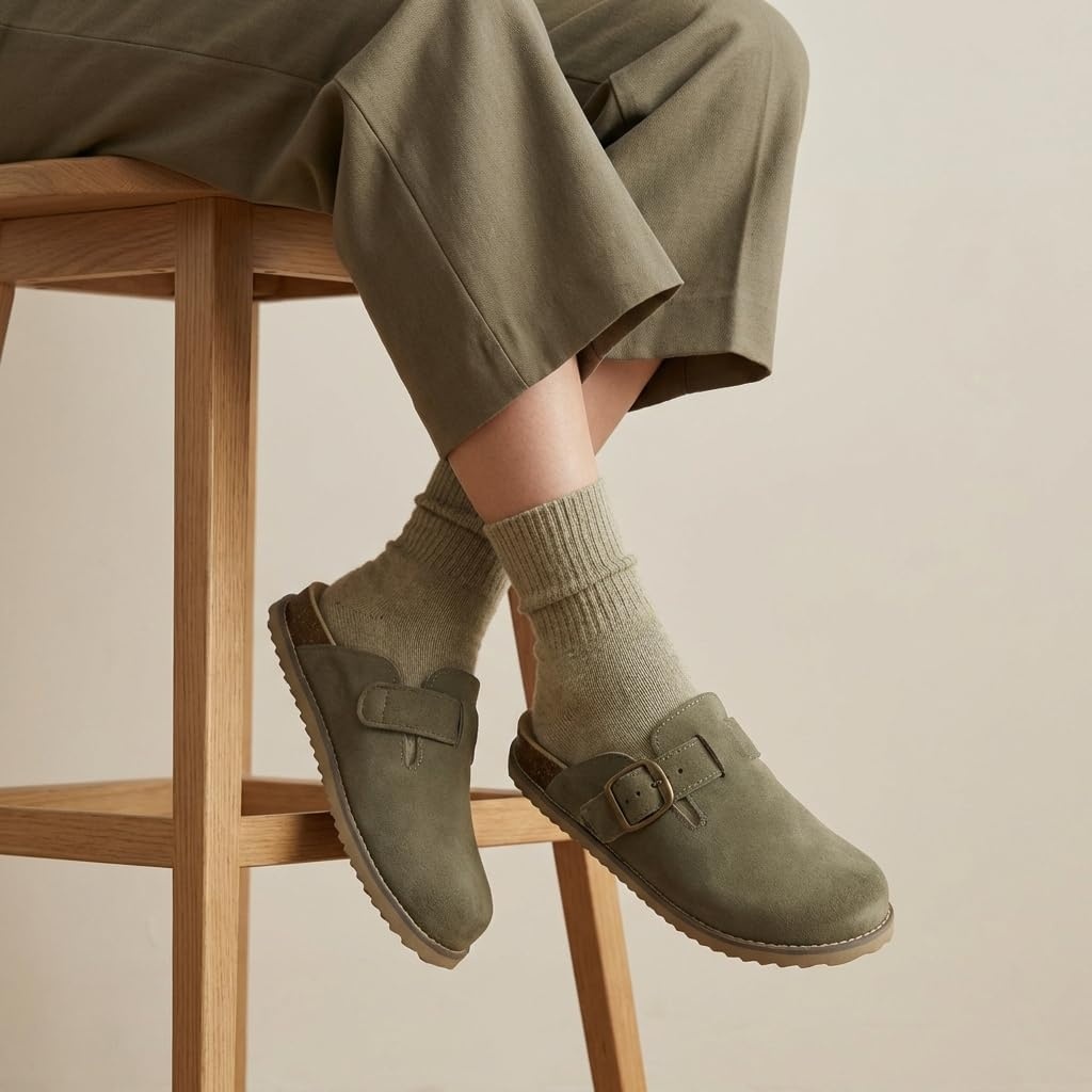 image:imageCUSHIONAIRE Womens Blain Genuine Suede SlipOn Clogs with Memory Foam amp Chic Buckle Mule Comfortable NonSlip Wide Widths AvailableMoss
