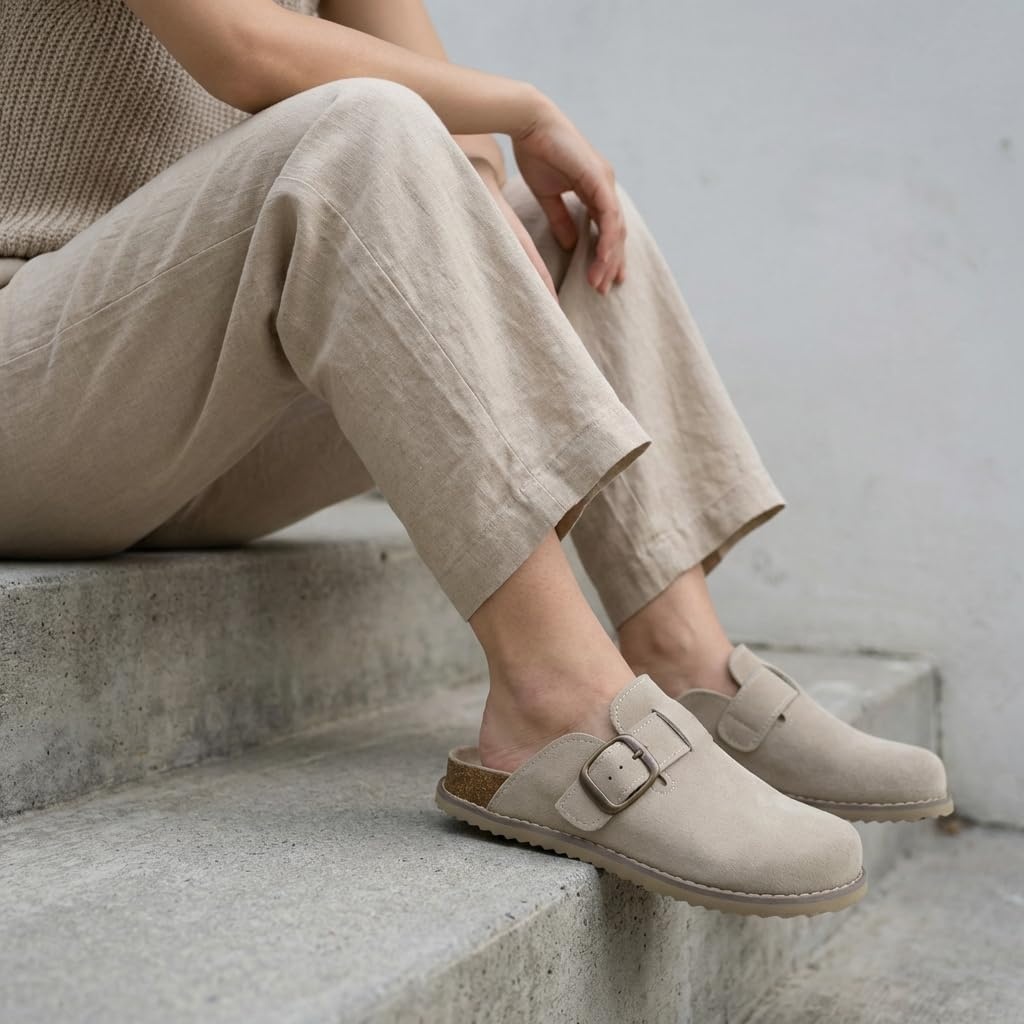 image:imageCUSHIONAIRE Womens Blain Genuine Suede SlipOn Clogs with Memory Foam amp Chic Buckle Mule Comfortable NonSlip Wide Widths AvailablePutty
