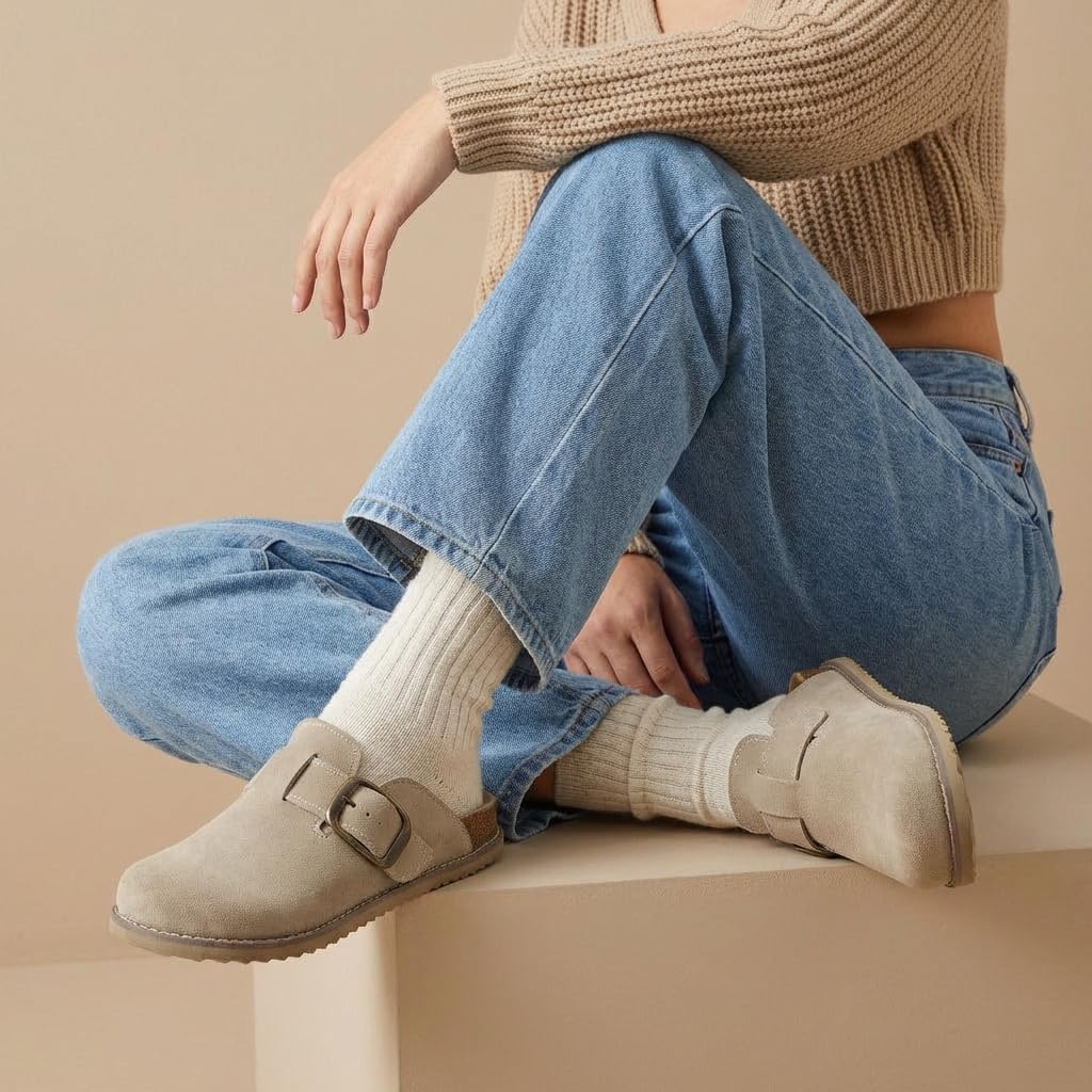 image:imageCUSHIONAIRE Womens Blain Genuine Suede SlipOn Clogs with Memory Foam amp Chic Buckle Mule Comfortable NonSlip Wide Widths AvailablePutty